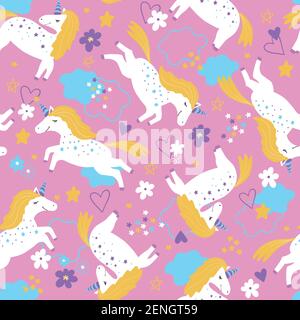 Modello infantile senza giunture con unicorni. Modello vettoriale con unicorni bianchi su sfondo rosa. Illustrazione Vettoriale