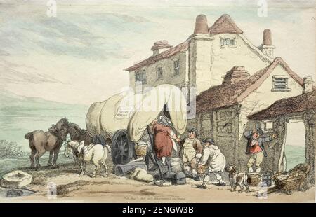 Richardson's Show: A Flying Wagon, 1816. Thomas Rowlandson (inglese, 1756-1827). Acquaforte, colorata a mano Foto Stock