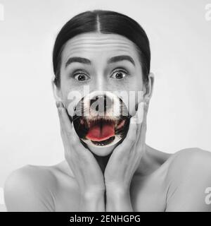 Arte contemporanea collage concetto. Ritratto di donna con la lingua dell'animale domestico appiccicata, stile bw. Concetto di design moderno, surrealismo, divertimento, creatività, ispirazione. Foto Stock