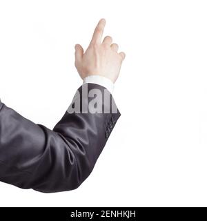 Vista posteriore. mano di un imprenditore puntando verso un spazio di copia Foto Stock