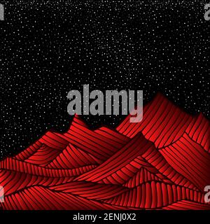 Spazio paesaggio con rosso luminoso montagna Marte e un cielo nero con stelle. Fantastico paesaggio alieno. Illustrazione vettoriale disegnata a mano. Illustrazione Vettoriale