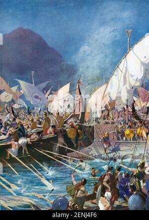 Un'illustrazione dei primi del XX secolo della battaglia di Salamis 480 a.C. una battaglia navale combattuta tra un'alleanza di stati della città greca sotto Themistocle e l'Impero Persiano sotto il re Xerxes, con conseguente vittoria greca Foto Stock