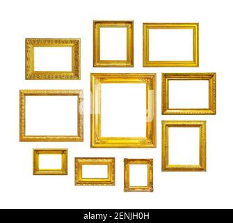 Golden vintage cornici su sfondo bianco. Set di cornici dorate per dipinti, specchi o foto isolate su sfondo bianco. Foto Stock