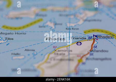 Rodi mostrato su una mappa stradale o su una mappa geografica Foto Stock