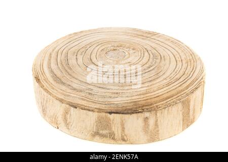 Tavola rotonda di legno isolata su sfondo bianco. Foto Stock