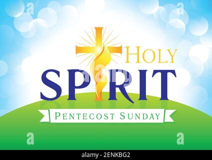Spirito Santo Pentecoste Domenica vettore saluti. Invita o biglietto di auguri. Fiammeggiante e splendente crocifisso dorato colorato all'alba del mattino. Cristo Illustrazione Vettoriale
