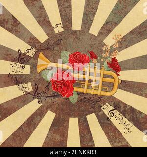 Tromba gialla con rose rosse e note musicali con illustrazione testurizzata. Foto Stock