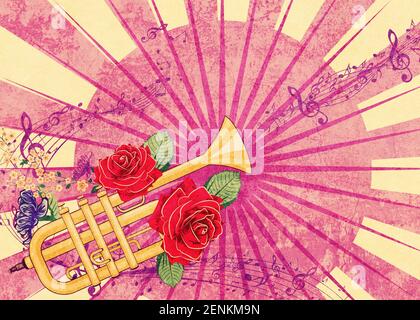 Tromba gialla con rose rosse e note musicali con illustrazione testurizzata. Foto Stock