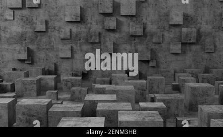 Interno 3D in cemento astratto con decorazioni a cubetti sulla parete Foto Stock