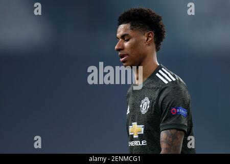 Torino, Italia. 18 febbraio 2021. Marcus Rashford del Manchester United FC durante la partita UEFA Europa League tra Real Sociedad de Futbol e Manchester United FC . Foto Stock