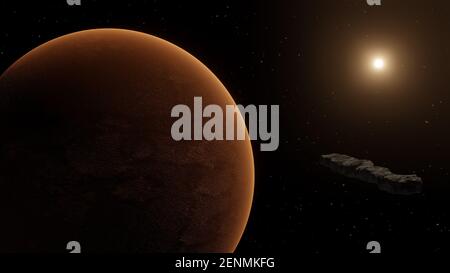 Oggetto interstellare che passa attraverso il sistema solare chiamato cometa di Oumuamua. Rendering 3D Foto Stock