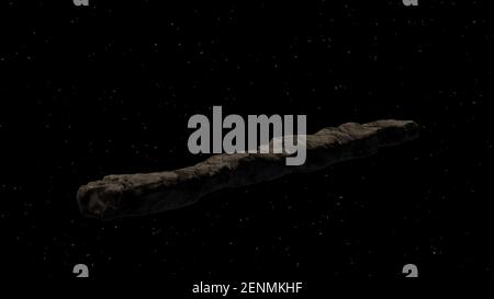 Oggetto interstellare che passa attraverso il sistema solare chiamato cometa di Oumuamua. Rendering 3D Foto Stock