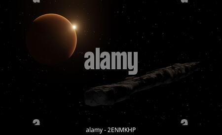 Oggetto interstellare che passa attraverso il sistema solare chiamato cometa di Oumuamua. Rendering 3D Foto Stock