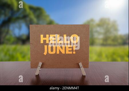 Ciao giugno testo sulla carta sul tavolo con soleggiato sfondo verde parco. Foto Stock