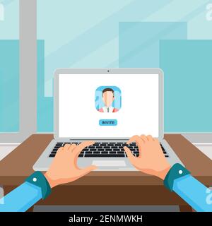 Laptop con cartello di invito della rete di social media. Drop in audio Man digitando INVITO Illustrazione Vettoriale