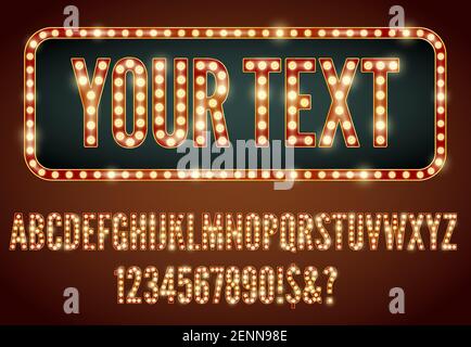 Set di font per lampade al neon stile Rretro, colore rosso-giallo. Illustrazione Vettoriale