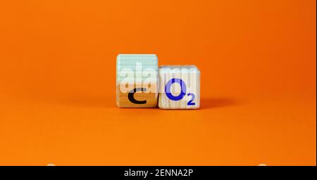 Simbolo CO2 o O2. Girò il cubo di legno e cambiò le parole 'CO2, anidride carbonica' in 'O2, ossigeno'. Splendido sfondo arancione, spazio per la copia. Azienda, e. Foto Stock
