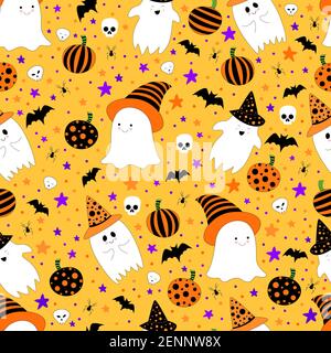 Halloween motivo senza cuciture con simpatici fantasmi in cappelli, zucche divertenti, pipistrelli, teschi e stelle. Sfondo vettoriale brillante per un Halloween felice festoso. C Illustrazione Vettoriale