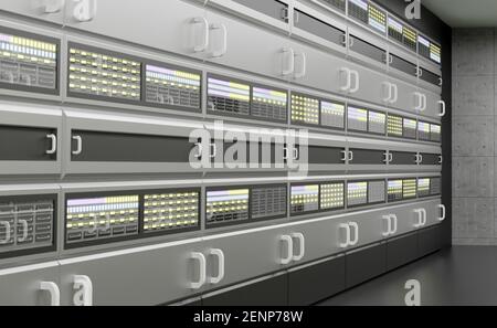 Rack server sicuri, data center, dettagli delle strutture di cloud computing, numerosi rack server, più computer all'interno, server wall Web hosting, cloud so Foto Stock