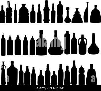 Silhouette per bottiglie Vector in alcol. Set di icone di silhouette nere. Illustrazione Vettoriale