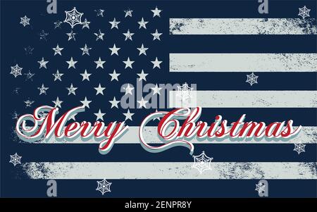 Buon biglietto di auguri di Natale con lettere e fiocchi di neve su una bandiera di grunge americana con la struttura di mattoni vecchi e in difficoltà. Illustrazione vettoriale. Illustrazione Vettoriale