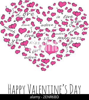 Biglietto di auguri per il giorno dei valentines con cuori rosa e carattere carino. Illustrazione vettoriale. Buone parole per San Valentino. Illustrazione Vettoriale