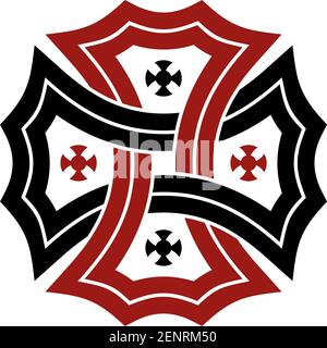 Croce celtica in nero e rosso su sfondo bianco isolato. Illustrazione astratta di un simbolo celtico. Illustrazione Vettoriale