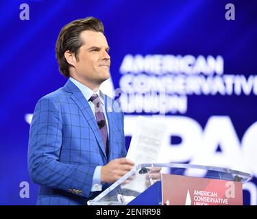 Il rappresentante Matt Gaetz (FL-01) si rivolge ai partecipanti alla Conservative Political Action Conference (CPAC) 2021 ospitata dall'American Conservative Union presso l'Hyatt Regency Orlando di Orlando, Florida, venerdì 26,2021 febbraio. Foto di Joe Marino/UPI Foto Stock