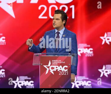 Il rappresentante Matt Gaetz (FL-01) si rivolge ai partecipanti alla Conservative Political Action Conference (CPAC) 2021 ospitata dall'American Conservative Union presso l'Hyatt Regency Orlando di Orlando, Florida, venerdì 26,2021 febbraio. Foto di Joe Marino/UPI Foto Stock