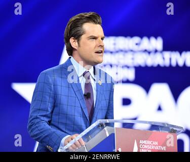 Il rappresentante Matt Gaetz (FL-01) si rivolge ai partecipanti alla Conservative Political Action Conference (CPAC) 2021 ospitata dall'American Conservative Union presso l'Hyatt Regency Orlando di Orlando, Florida, venerdì 26,2021 febbraio. Foto di Joe Marino/UPI Foto Stock