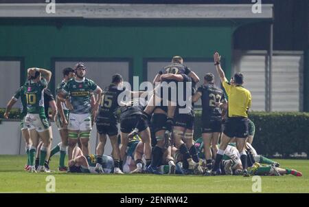 Stadio Monigo, Treviso, Italia, 26 Feb 2021, 26/02/2021; Foto Alfio Guarise; Guinness Pro14; Stadio Monigo Treviso; Benetton Vs Connacht durante Benetton Treviso vs Connacht Rugby, Rugby Guinness Pro 14 match - Foto Alfio Guarise / LM Foto Stock