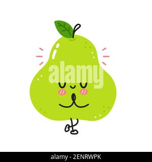 Carino divertente pera verde meditare in posa yoga. Icona di illustrazione del carattere kawaii della cartoon vettoriale a linea piatta. Isolato su sfondo bianco. Concetto di carattere di workout di frutta di pera Illustrazione Vettoriale