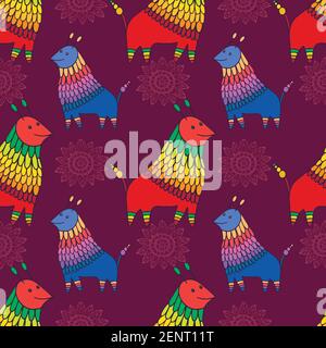 Fantastico personaggio animale modello senza giunture. Divertente doodle cartone animato creatura infinita texture. Vettore mano disegnata cute aliena illustrazione. Illustrazione Vettoriale