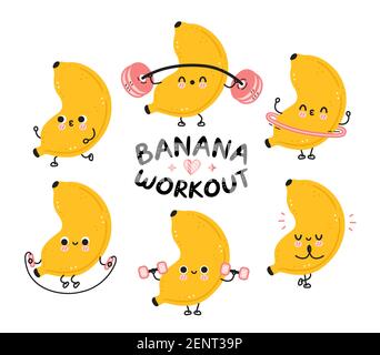 Carino divertente banana fare la collezione di set palestra. Icona di illustrazione del carattere kawaii del fumetto piatto vettoriale. Isolato su sfondo bianco. Concetto di pacchetto di caratteri di workout di banana frutta Illustrazione Vettoriale