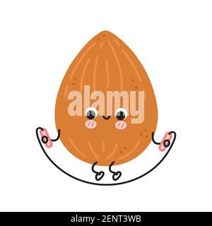 Carino divertente mandorla fare palestra con corda di salto. Icona di illustrazione del carattere kawaii della cartoon vettoriale a linea piatta. Isolato su sfondo bianco. Concetto di carattere Almond Workout Illustrazione Vettoriale