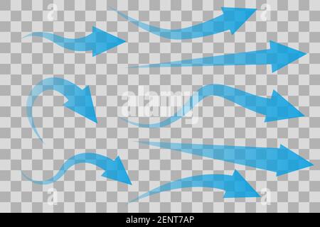 Serie di frecce blu trasparenti che mostrano il flusso d'aria isolato su sfondo trasparente. Stile piatto. Illustrazione vettoriale Illustrazione Vettoriale