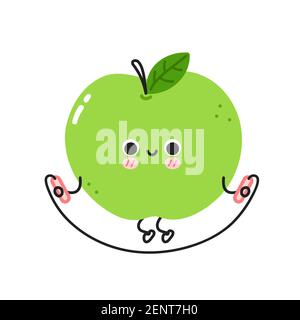 Carino divertente mela fare palestra con corda di salto. Icona di illustrazione del carattere kawaii della cartoon vettoriale a linea piatta. Isolato su sfondo bianco. Concetto di carattere di workout di frutta di Apple Illustrazione Vettoriale