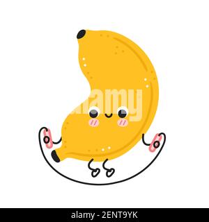 Carino divertente banana fare palestra con corda di salto. Icona di illustrazione del carattere kawaii del fumetto piatto vettoriale. Isolato su sfondo bianco. Concetto di carattere di workout di banana frutta Illustrazione Vettoriale