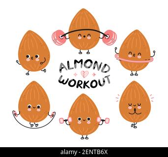 Carino divertente mandorla fare la collezione di set palestra. Icona di illustrazione del carattere kawaii della cartoon vettoriale a linea piatta. Isolato su sfondo bianco. Concetto di pacchetto di caratteri Almond Workout Illustrazione Vettoriale