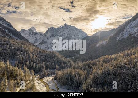 Foto aerea di splendido paesaggio montano invernale. Drone che si muove sopra la valle con pineta innevata. Foto Stock