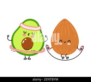 Carino divertente mandorla fare palestra con corda di salto e avocado con hula hoop. Icona di illustrazione del carattere kawaii della cartoon vettoriale a linea piatta. Isolato su sfondo bianco. Concetto di allenamento alla mandorla e all'avocado Illustrazione Vettoriale