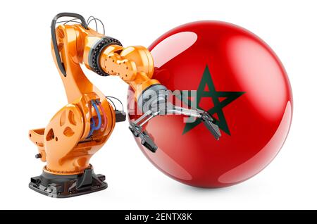 Braccio robotico con bandiera marocchina. Tecnologia moderna, industria e produzione in Marocco Concept, rendering 3D isolato su sfondo bianco Foto Stock