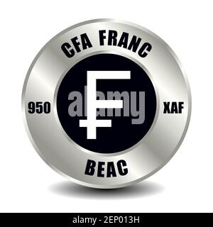 CFA moneta isolata su moneta d'argento rotonda. Simbolo vettoriale della valuta con codice ISO internazionale e abbreviazione Illustrazione Vettoriale