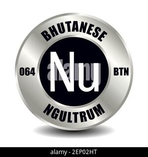 L'icona del denaro del Bhutan è isolata su una moneta rotonda d'argento. Simbolo vettoriale della valuta con codice ISO internazionale e abbreviazione Illustrazione Vettoriale