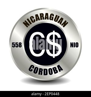 Nicaragua icona del denaro isolato su moneta rotonda d'argento. Simbolo vettoriale della valuta con codice ISO internazionale e abbreviazione Illustrazione Vettoriale