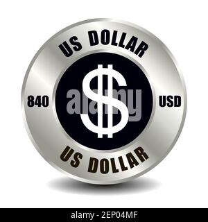 USA icona denaro isolato su moneta d'argento rotonda. Simbolo vettoriale della valuta con codice ISO internazionale e abbreviazione Illustrazione Vettoriale