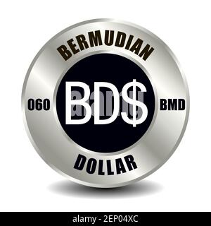 Bermuda icona moneta isolata su moneta rotonda d'argento. Simbolo vettoriale della valuta con codice ISO internazionale e abbreviazione Illustrazione Vettoriale