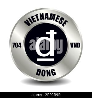Icona del denaro del Vietnam isolata su una moneta d'argento rotonda. Simbolo vettoriale della valuta con codice ISO internazionale e abbreviazione Illustrazione Vettoriale