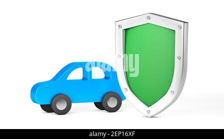 Protezione dell'auto. Scudo verde e auto. Assicurazione auto. Isolato su sfondo bianco. rendering 3d. Foto Stock