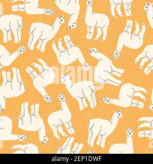 Pattern vettoriale senza giunture di lama o alpaca su sfondo giallo. Piatto disegnato a mano multicolore. Illustrazione Vettoriale